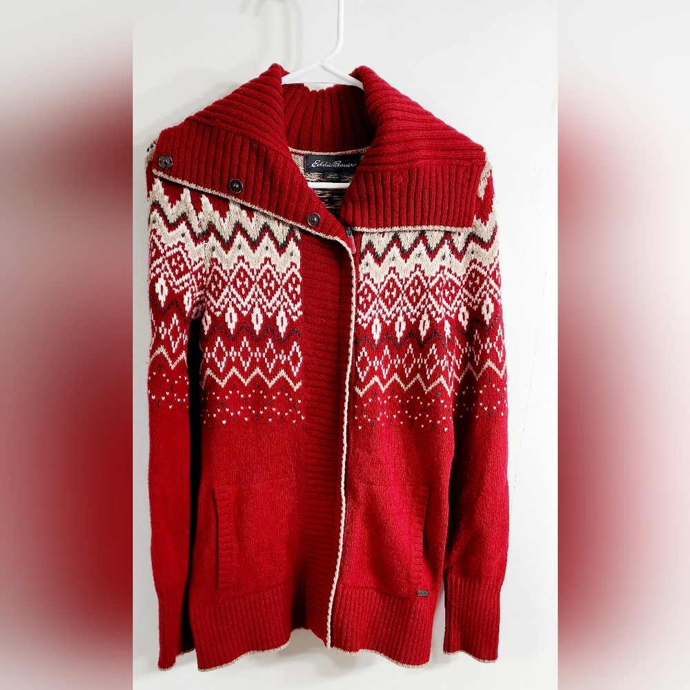 Eddie Bauer Red Fair Isle full zip cardigan sweater